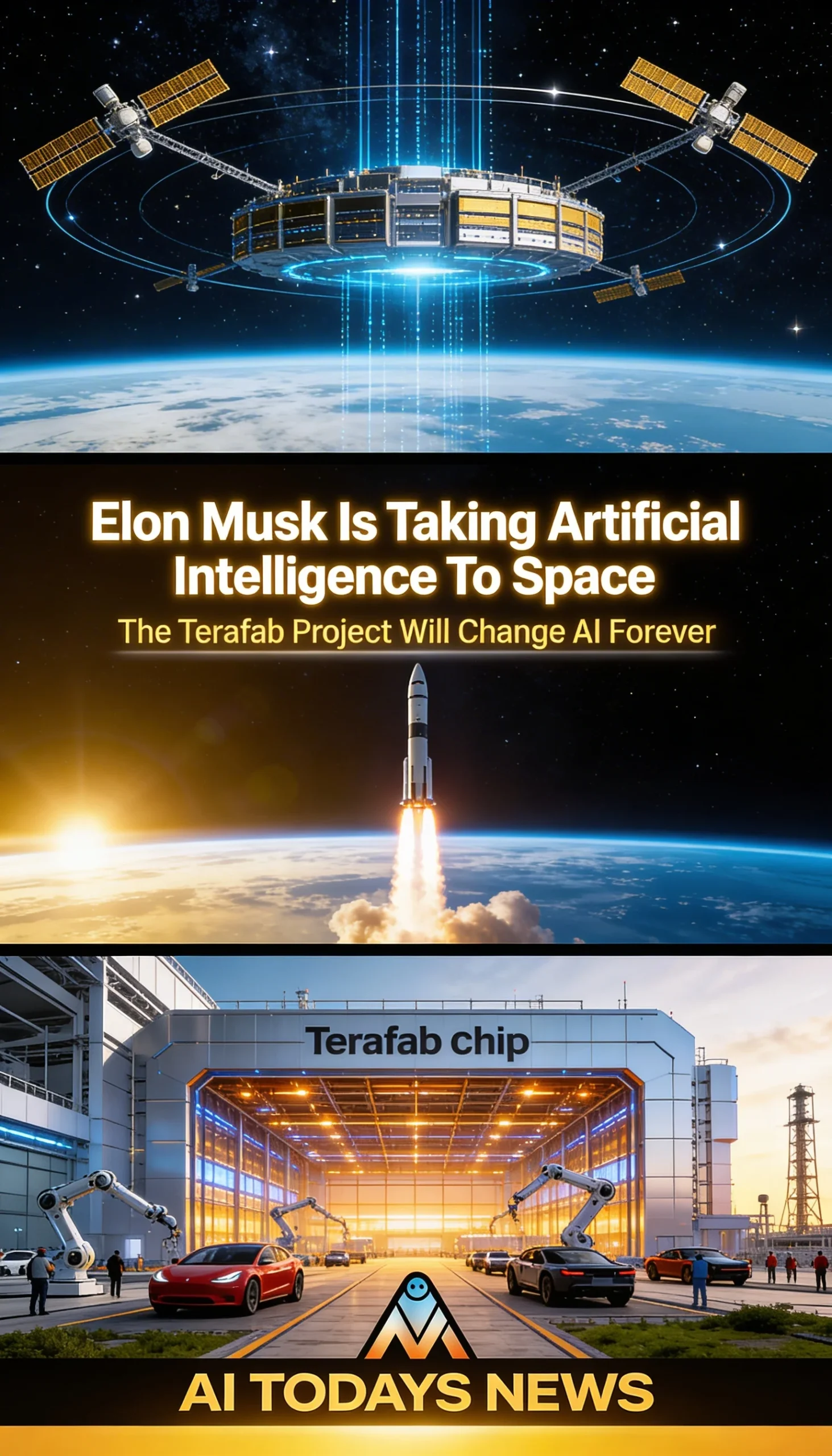Elon Musk Terafab AI chip factory with SpaceX rocket launching orbital AI data centers powered by solar energy in space representing future of artificial intelligence — AI TODAYS NEWS