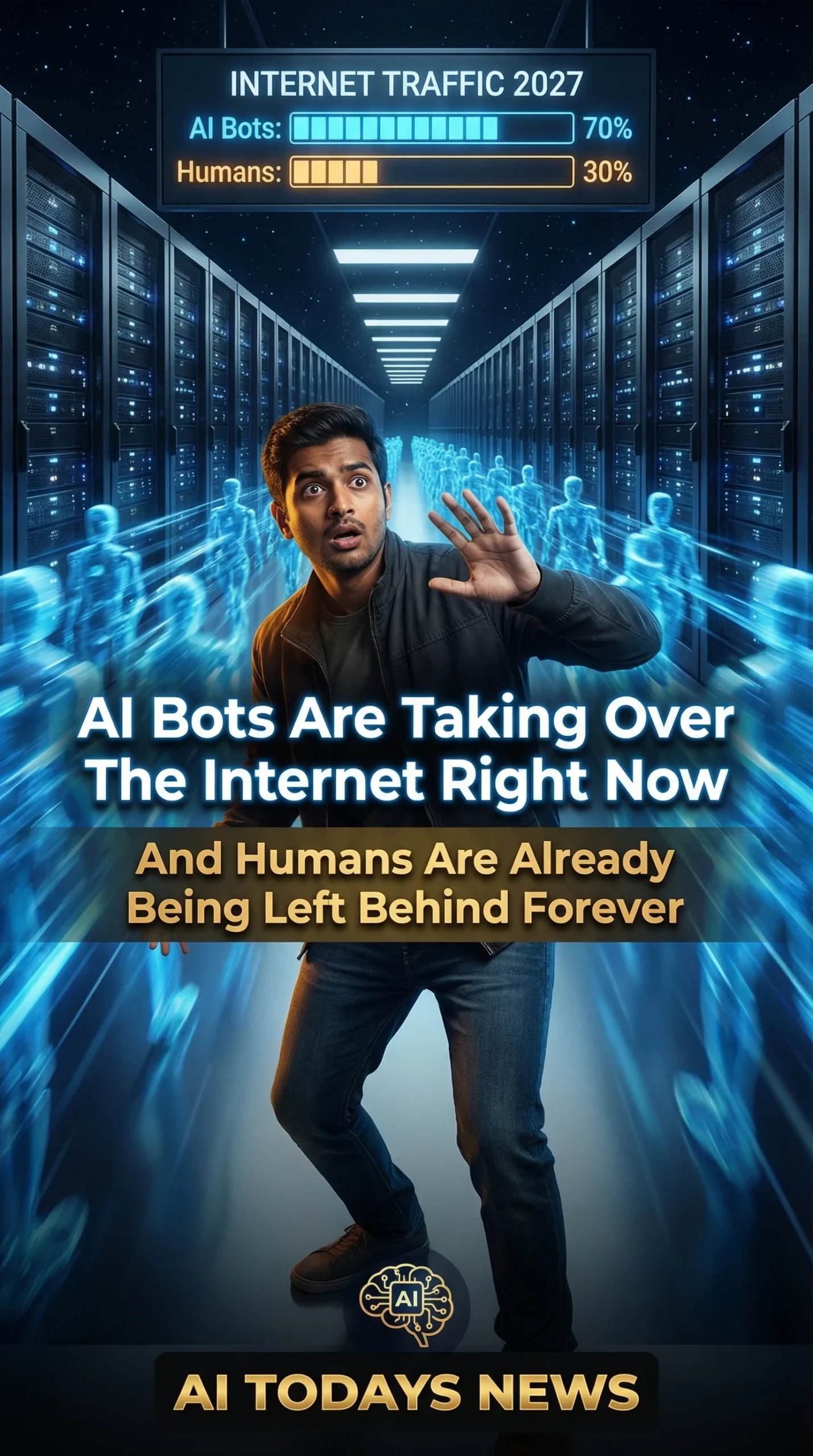 Human standing in data center corridor as AI bots rush past representing Cloudflare CEO prediction that AI bots will surpass human internet traffic by 2027 — AI TODAYS NEWS