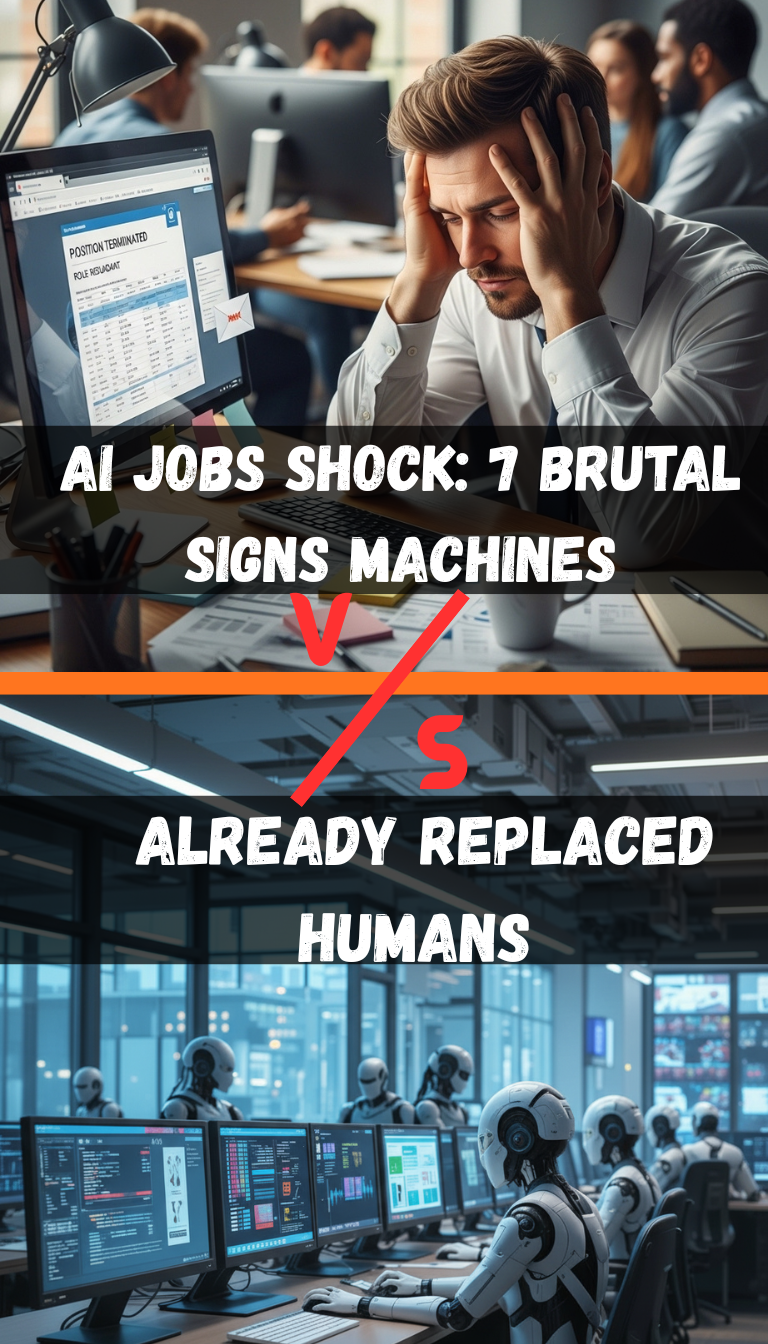 AI Jobs Shock: shocked employee watching AI replace jobs in real time, human vs automation job loss scene, workplace disruption 2026