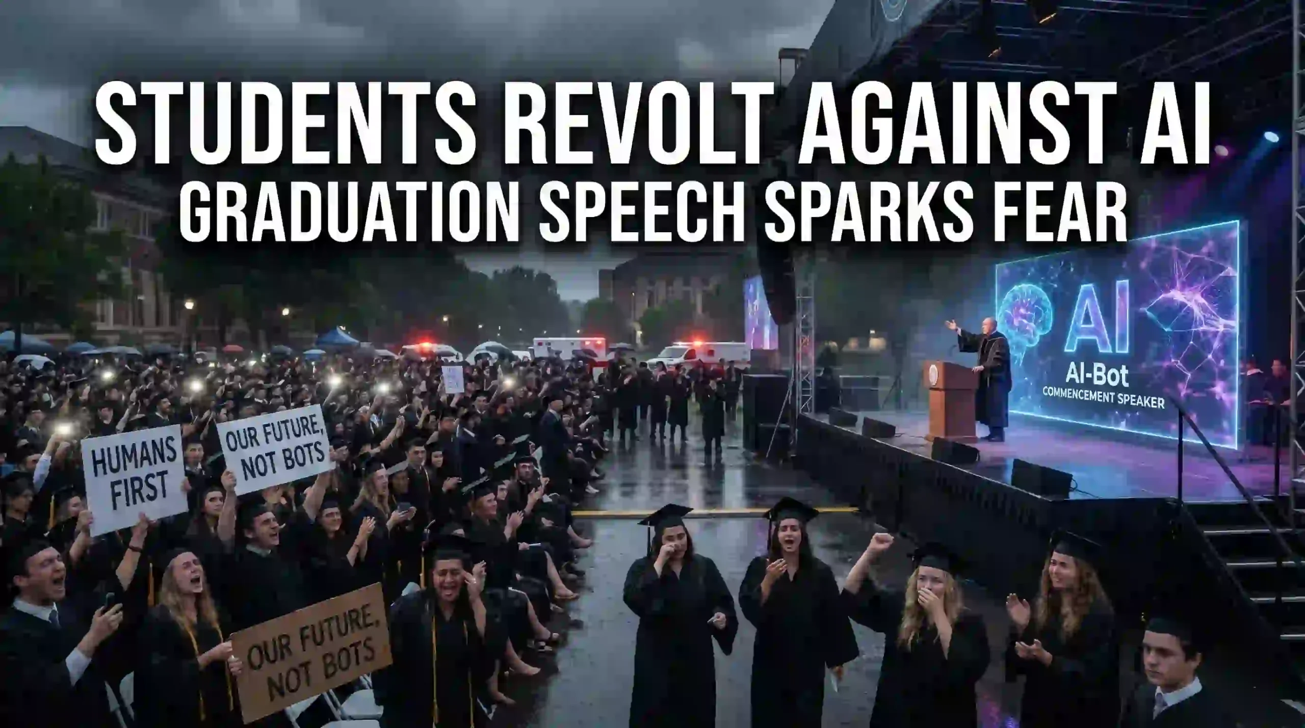 AI Commencement Speech Shock students booing AI speech during 2026 graduation ceremony