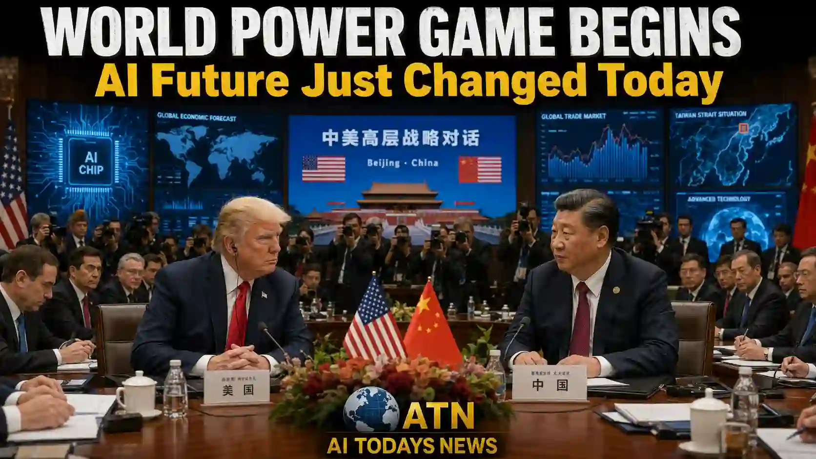 AI Trump-Xi Summit meeting showing global AI power shift and geopolitical tension