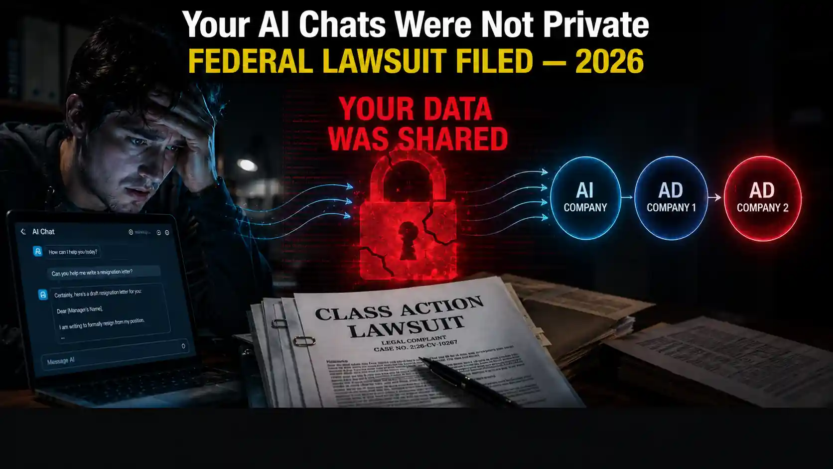ChatGPT Privacy warning concept showing a user facing hidden AI data tracking and digital surveillance in 2026