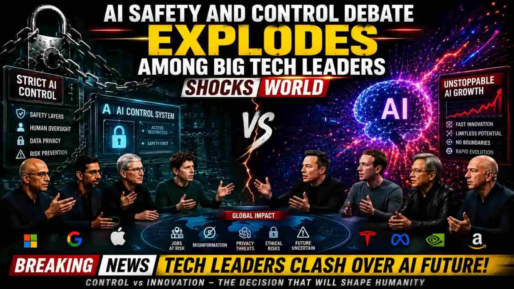 AI Safety and Control Debate showing Big Tech leaders discussing AI safety, control, and global impact