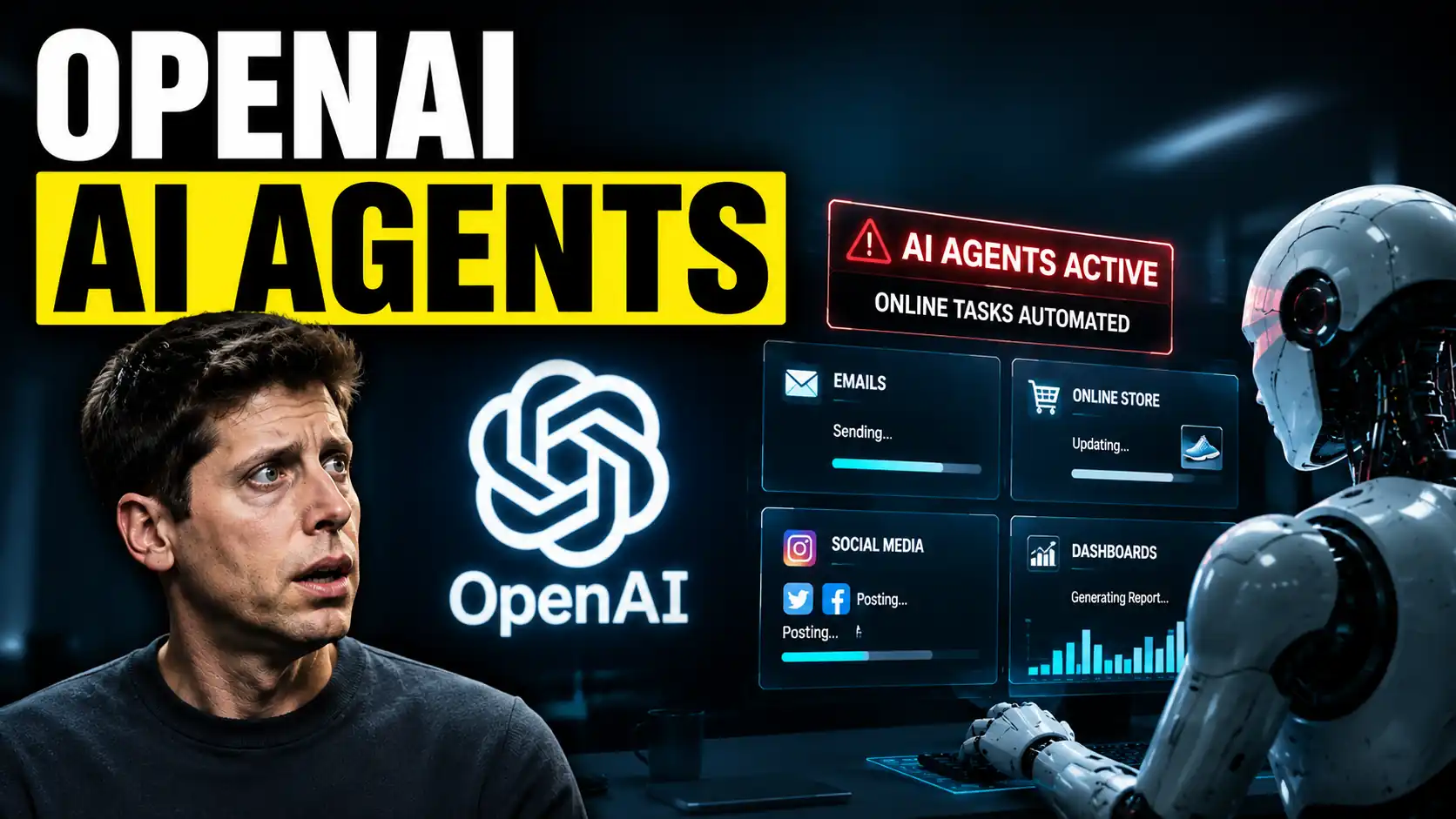 OpenAI AI Agents controlling websites and online tasks inside a futuristic AI control room